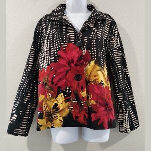 Chicos Jacket Womens Size XL 3 Red Black Blazer Button Multicolor Floral